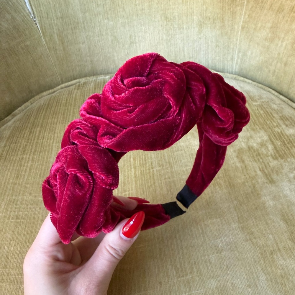 Elegant Red Velvet Headband with roses design, never worn